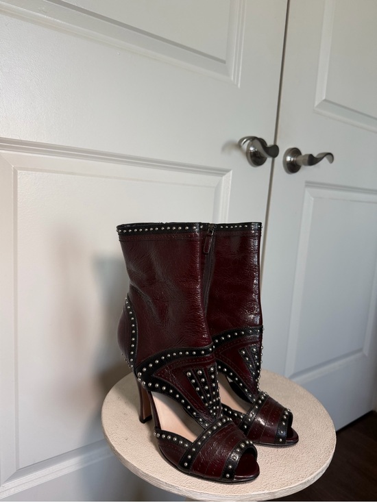 Prada Shoes - Prada Burgundy and Black Studded Leather Peep-Toe Ankle Boots